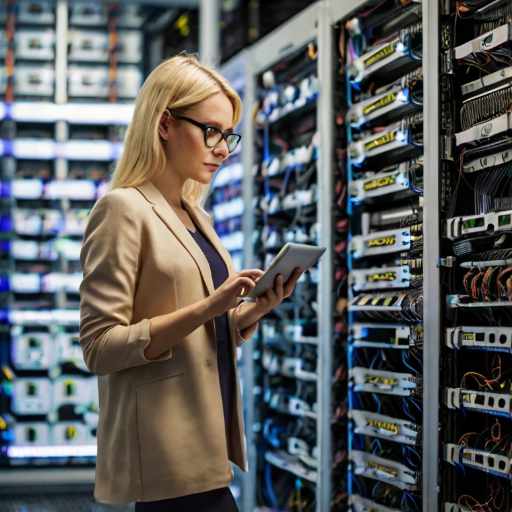 Blonde woman with glasses looking at a tablet in front of secure hosting racks in a datacentre